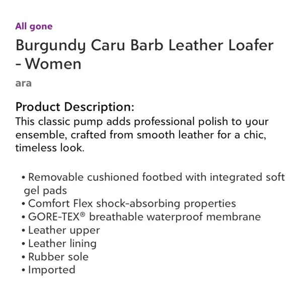 Ara Burgundy Caru Barb Leather Loafers Women’s Size 6 Gore-Tex Breathable