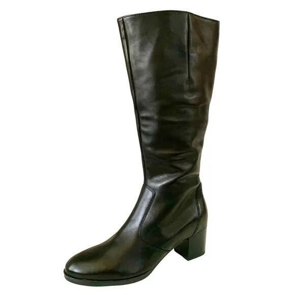 Ara Ohara High Soft Knee-High Comfort Calf Leather Boots Black 9.5 Zip Side