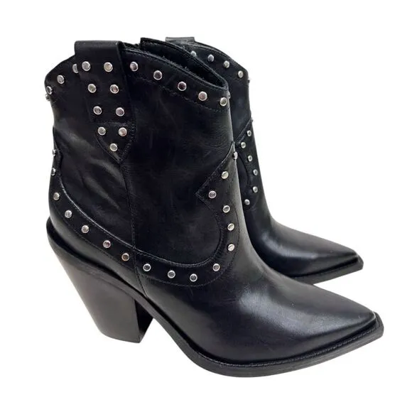 Arezzo Boots Size 9B Black Leather Block Heel Studded Booties Side Zip NEW