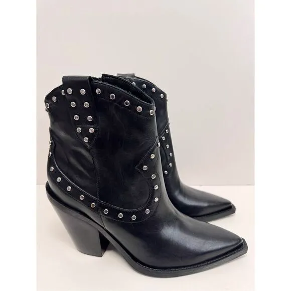 Arezzo Boots Size 9B Black Leather Block Heel Studded Booties Side Zip NEW