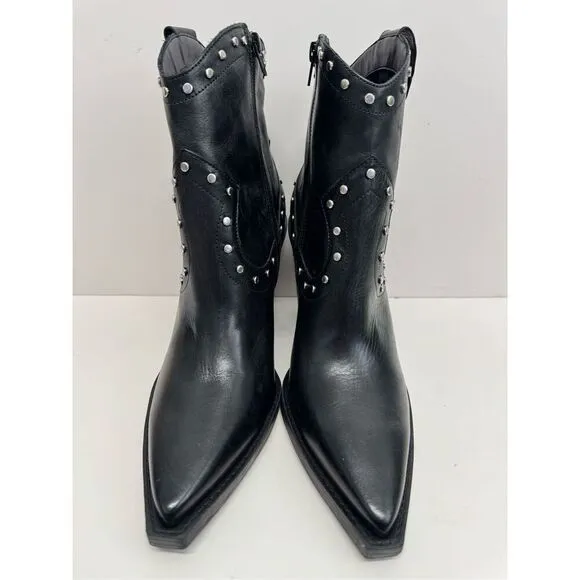 Arezzo Boots Size 9B Black Leather Block Heel Studded Booties Side Zip NEW