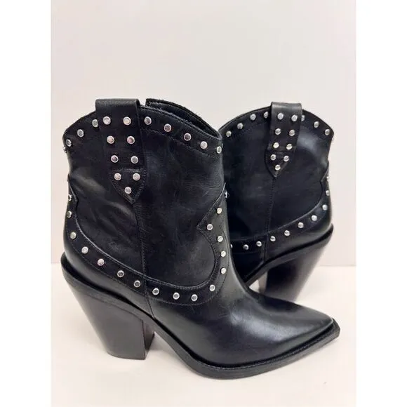 Arezzo Boots Size 9B Black Leather Block Heel Studded Booties Side Zip NEW