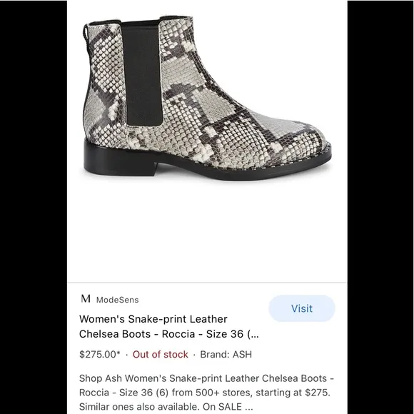 ASH LADIES SNAKE CHELSEA ROCCIO ANKLE BOOTS/6M