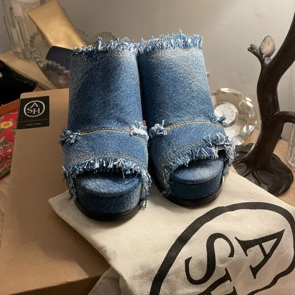 ASH Maui Slide Platform Sandals in Blue Denim Size 6 New in Box