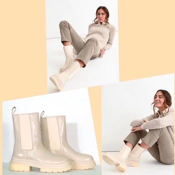 ASH Women's Leather Cream Beige Platform Combat Chelsea Boots Size 39 US 9 NWT