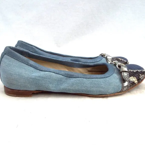 Attilio Giusti Leombruni AGL Denim Blue Ballet Flats w/Snakeprint Cap Toe Sz 37