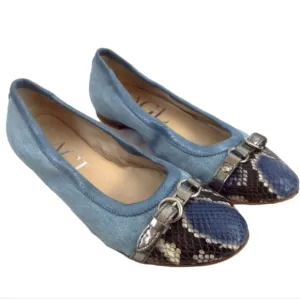 Attilio Giusti Leombruni AGL Denim Blue Ballet Flats w/Snakeprint Cap Toe Sz 37
