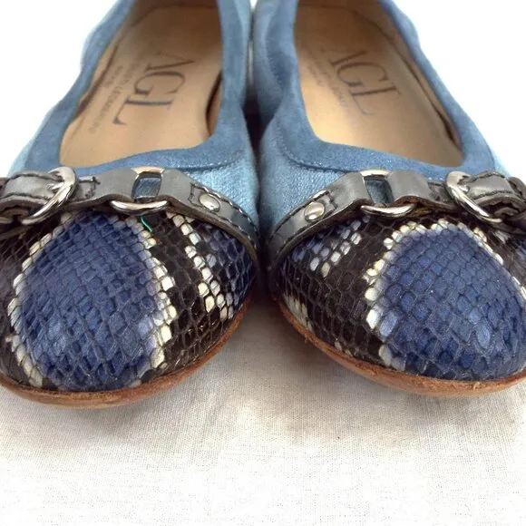 Attilio Giusti Leombruni AGL Denim Blue Ballet Flats w/Snakeprint Cap Toe Sz 37