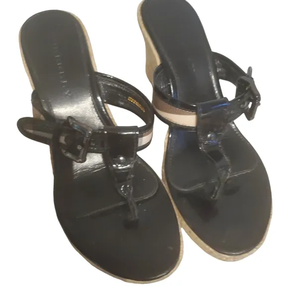 Authentic Burberry Patent Leather Wedge Thongs Sandals size 41 (size 11 …