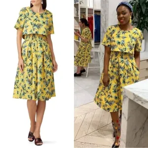AUTUMN ADEIGBO Yellow Palm Leaf Jungle Print Short Sleeve Popover Midi Dress 4