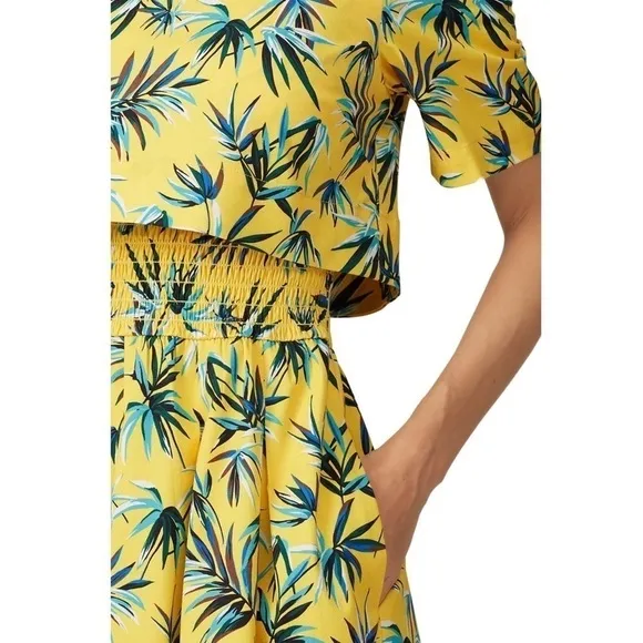 AUTUMN ADEIGBO Yellow Palm Leaf Jungle Print Short Sleeve Popover Midi Dress 4