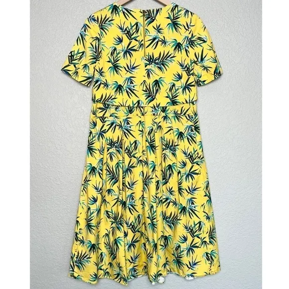 AUTUMN ADEIGBO Yellow Palm Leaf Jungle Print Short Sleeve Popover Midi Dress 4