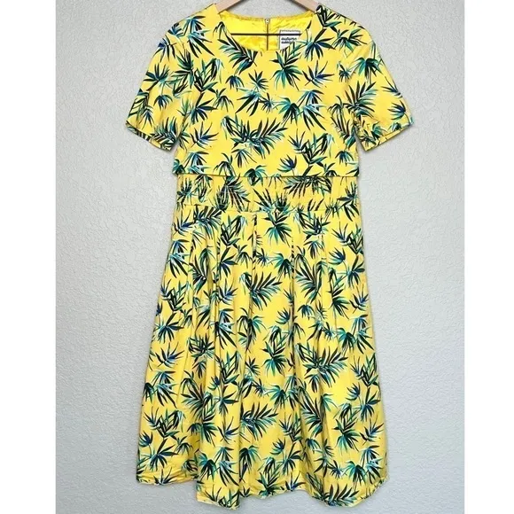 AUTUMN ADEIGBO Yellow Palm Leaf Jungle Print Short Sleeve Popover Midi Dress 4