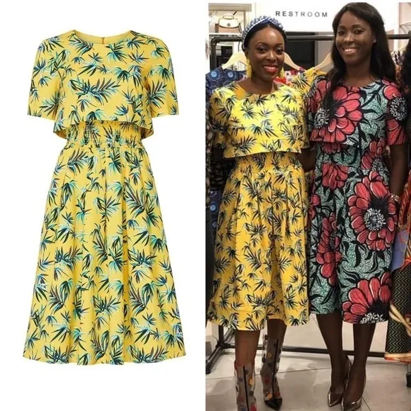 AUTUMN ADEIGBO Yellow Palm Leaf Jungle Print Short Sleeve Popover Midi Dress 4