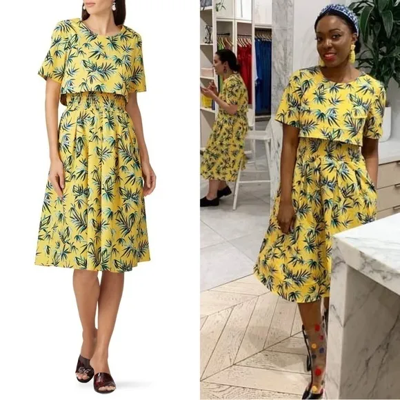 AUTUMN ADEIGBO Yellow Palm Leaf Jungle Print Short Sleeve Popover Midi Dress 4