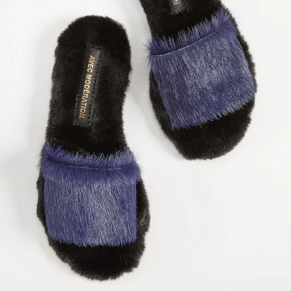 🙂Avec  Moderation Navy Fur &amp; Leather Blue-Bora Bora Comfy Soft 38 🇮🇹