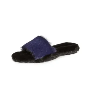 🙂Avec  Moderation Navy Fur &amp; Leather Blue-Bora Bora Comfy Soft 38 🇮🇹