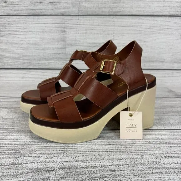 Avellini Women's Brown Buckle Leather Chunky Heeled Sandals Size 9