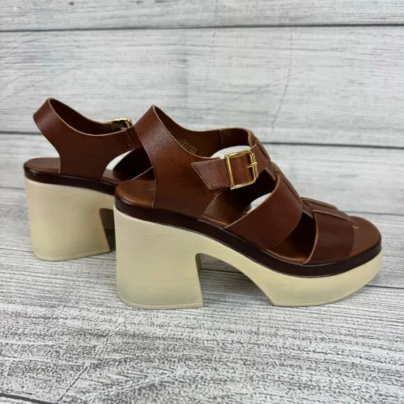 Avellini Women's Brown Buckle Leather Chunky Heeled Sandals Size 9