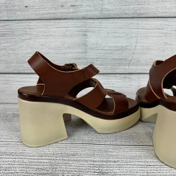 Avellini Women's Brown Buckle Leather Chunky Heeled Sandals Size 9