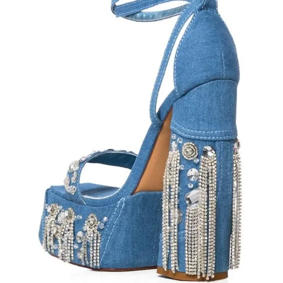 AZALEA WANG &quot;NOBODY DOES IT BETTER&quot;  RHINESTONE FRINGE CHUNKY HEEL (BRAND  NEW !