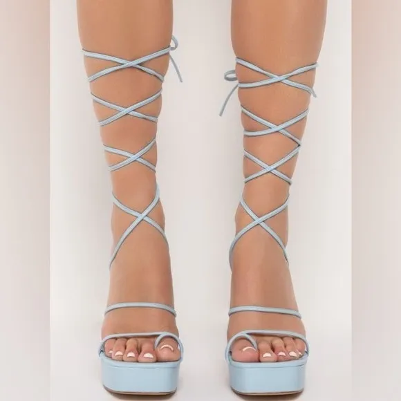 Azalea Wang Baby Blue Vegan Leather Ankle Wrap Chunky Heel Sandals