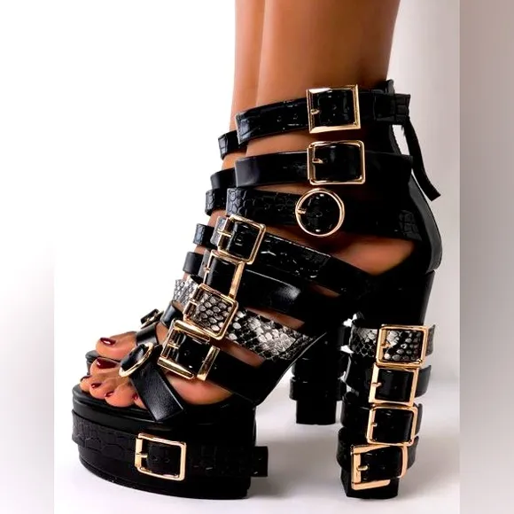 Azalea Wang Black &amp; Gold Studded Vegan Leather Platform Gladiator Sandals