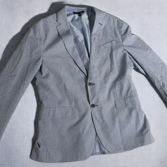 Banana Republic Tailored Fit Seersucker Suit Jacket Blue White Gingham 42R