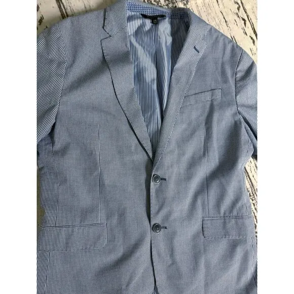 Banana Republic Tailored Fit Seersucker Suit Jacket Blue White Gingham 42R