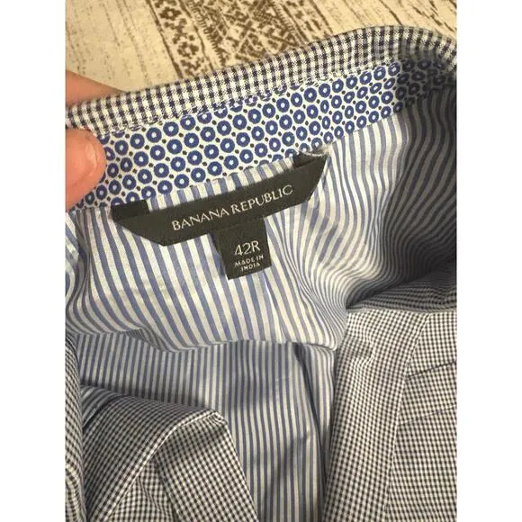 Banana Republic Tailored Fit Seersucker Suit Jacket Blue White Gingham 42R