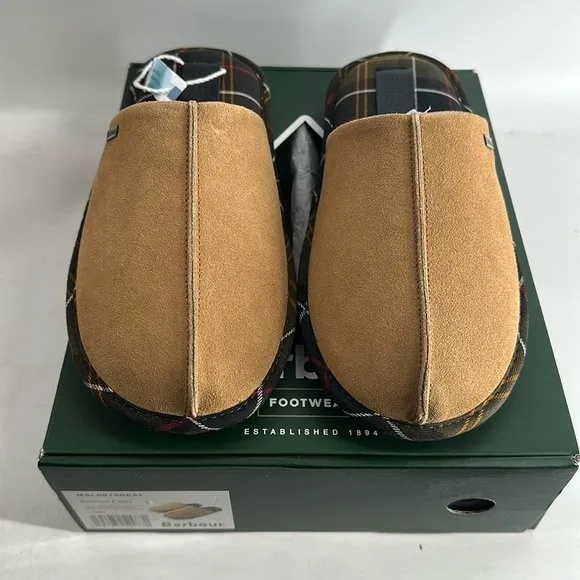 Barbour Foley Camel Suede Plaid Slip On Slide Slipper comfy cabin Size 9 NWT