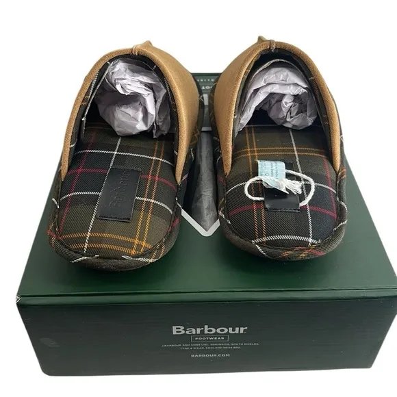 Barbour Foley Camel Suede Plaid Slip On Slide Slipper comfy cabin Size 9 NWT