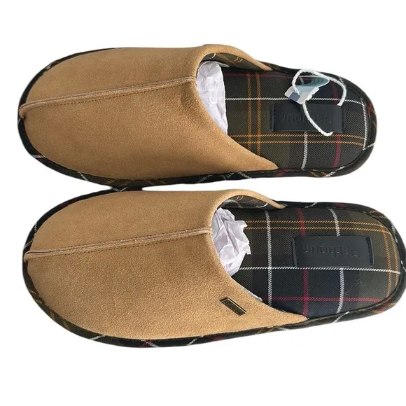 Barbour Foley Camel Suede Plaid Slip On Slide Slipper comfy cabin Size 9 NWT