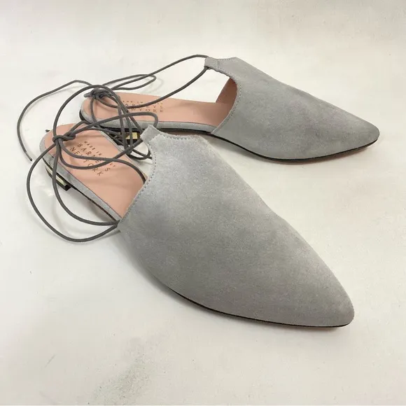 BARNEYS NEW YORK Mules Slip On Flats Ankle Wrap Women’s 10 Gray Suede Leather