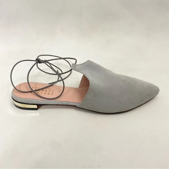 BARNEYS NEW YORK Mules Slip On Flats Ankle Wrap Women’s 10 Gray Suede Leather