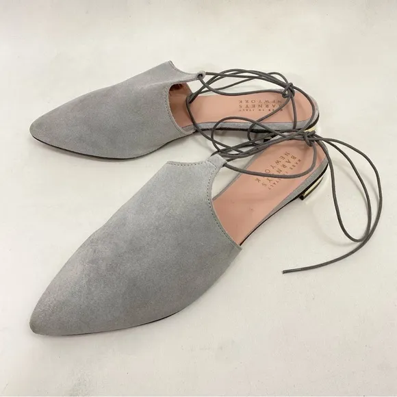 BARNEYS NEW YORK Mules Slip On Flats Ankle Wrap Women’s 10 Gray Suede Leather