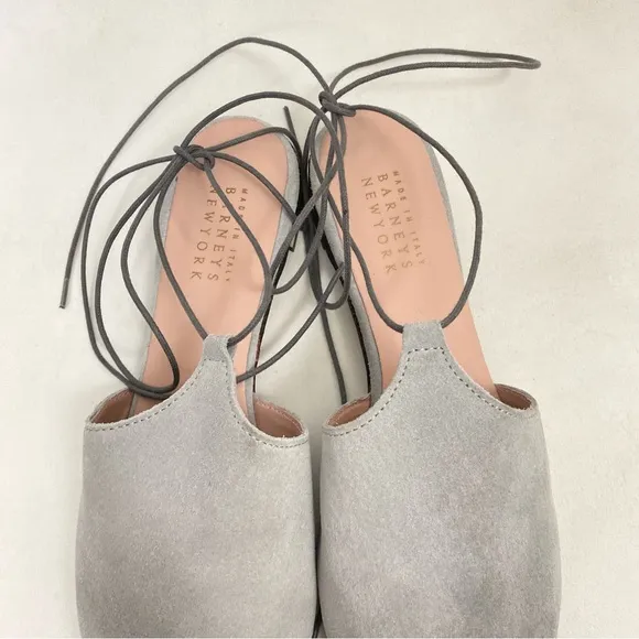 BARNEYS NEW YORK Mules Slip On Flats Ankle Wrap Women’s 10 Gray Suede Leather