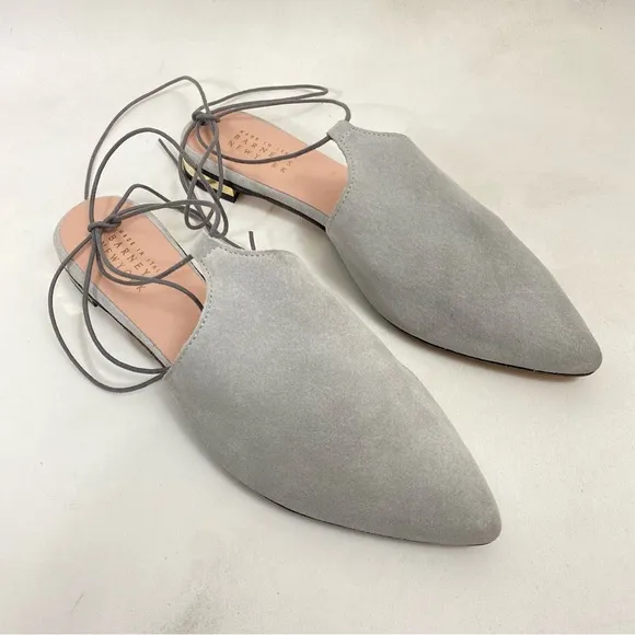 BARNEYS NEW YORK Mules Slip On Flats Ankle Wrap Women’s 10 Gray Suede Leather