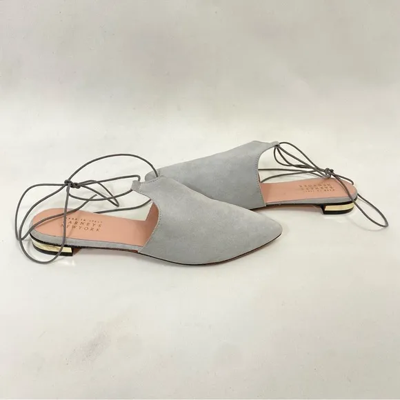 BARNEYS NEW YORK Mules Slip On Flats Ankle Wrap Women’s 10 Gray Suede Leather