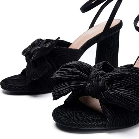 BAYQ Black Textured Fabric Bow Ankle Strap Block Heel Open Toe Heeled Sandals