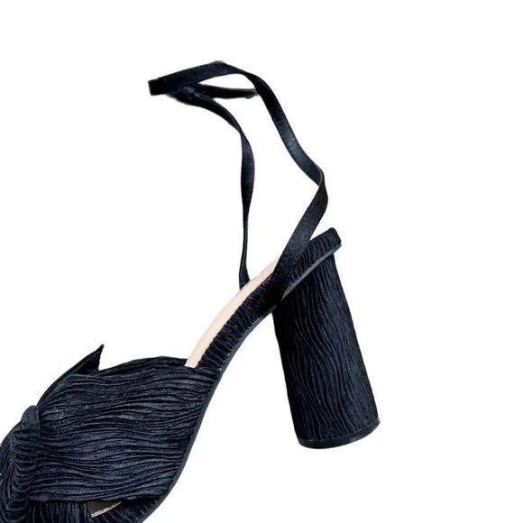 BAYQ Black Textured Fabric Bow Ankle Strap Block Heel Open Toe Heeled Sandals