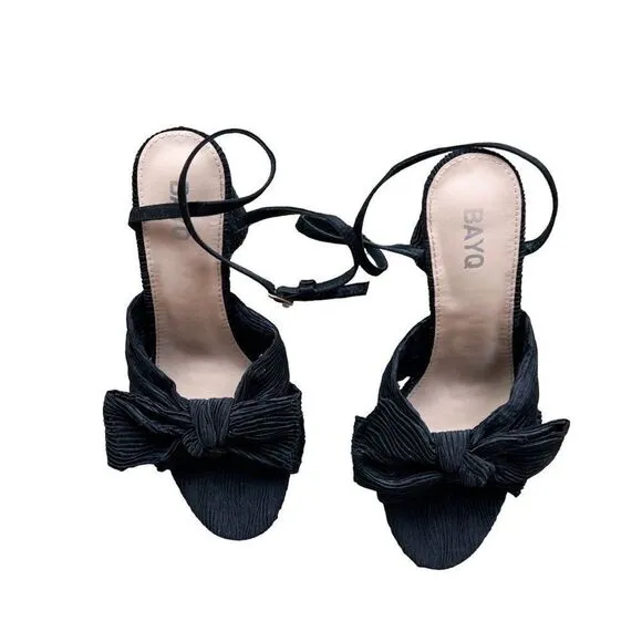 BAYQ Black Textured Fabric Bow Ankle Strap Block Heel Open Toe Heeled Sandals
