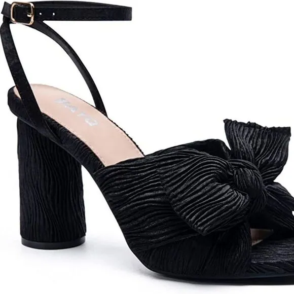 BAYQ Black Textured Fabric Bow Ankle Strap Block Heel Open Toe Heeled Sandals