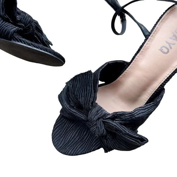 BAYQ Black Textured Fabric Bow Ankle Strap Block Heel Open Toe Heeled Sandals