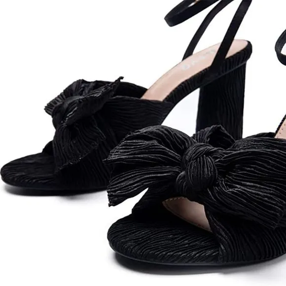BAYQ Black Textured Fabric Bow Ankle Strap Block Heel Open Toe Heeled Sandals