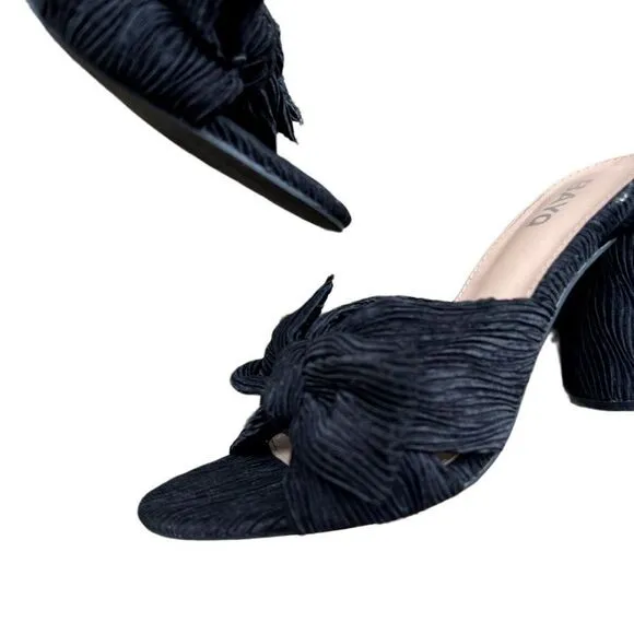 BAYQ Black Textured Fabric Bow Ankle Strap Block Heel Open Toe Heeled Sandals