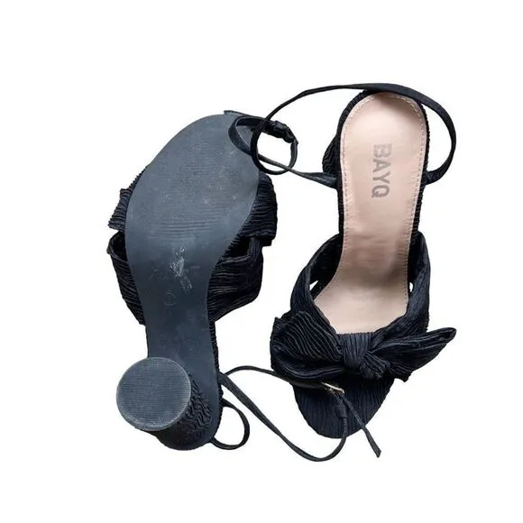 BAYQ Black Textured Fabric Bow Ankle Strap Block Heel Open Toe Heeled Sandals