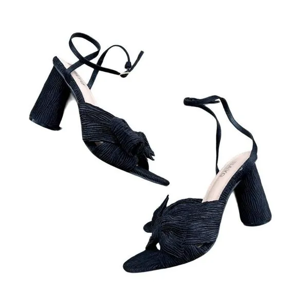 BAYQ Black Textured Fabric Bow Ankle Strap Block Heel Open Toe Heeled Sandals