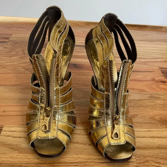 BCBG Max Azria Gold Zipper Runway Sandals