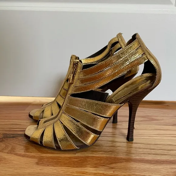 BCBG Max Azria Gold Zipper Runway Sandals